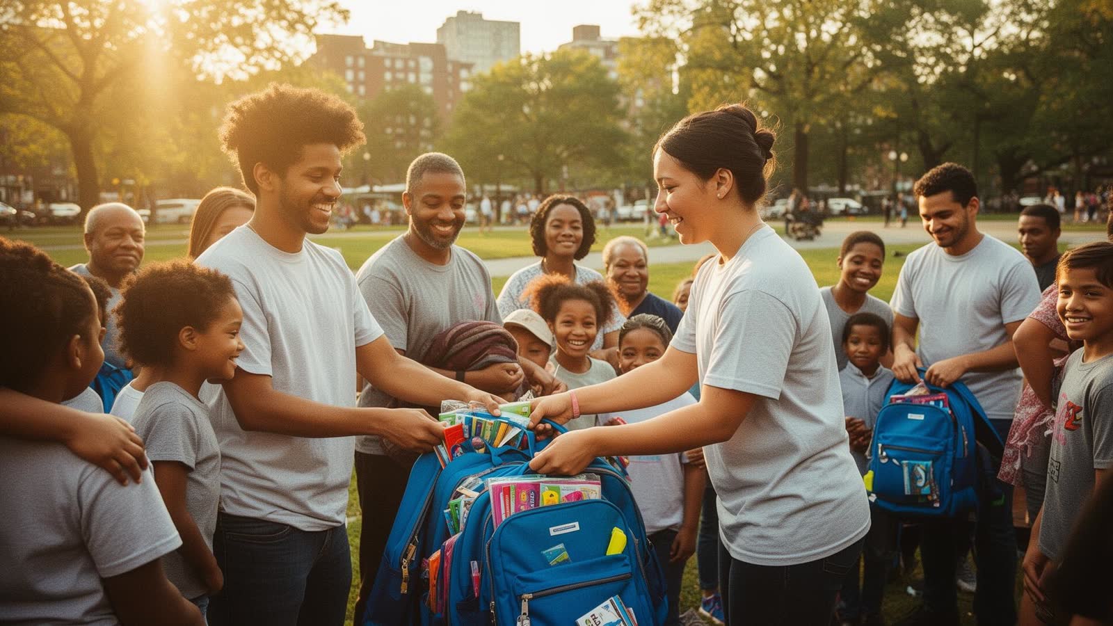 Volunteers handing school-supply backpacks to children and families at a community drive